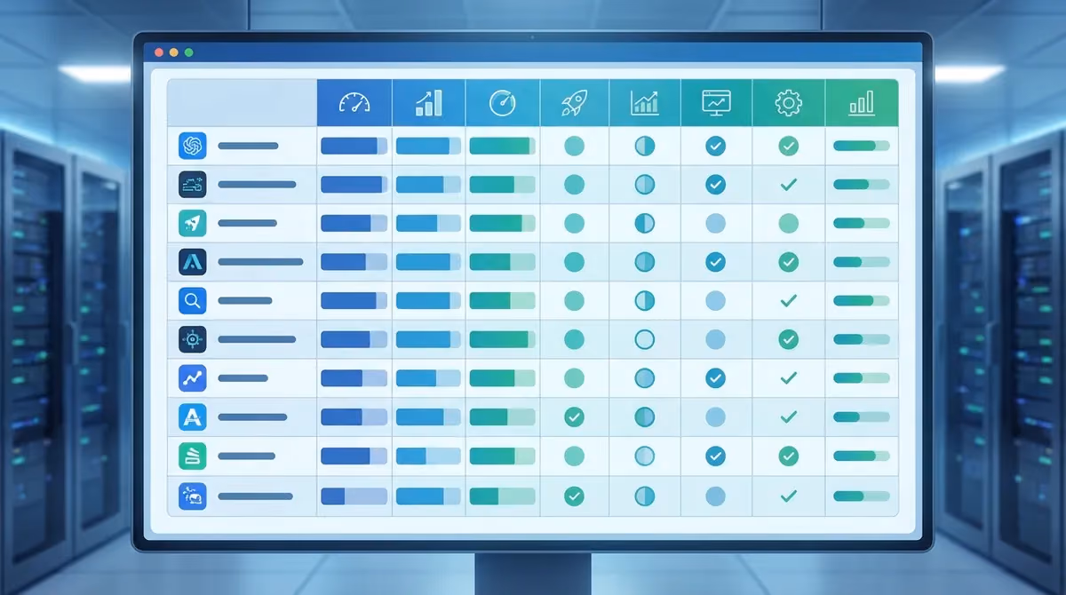 AI SEO software scoring matrix across accuracy, speed, features, and value