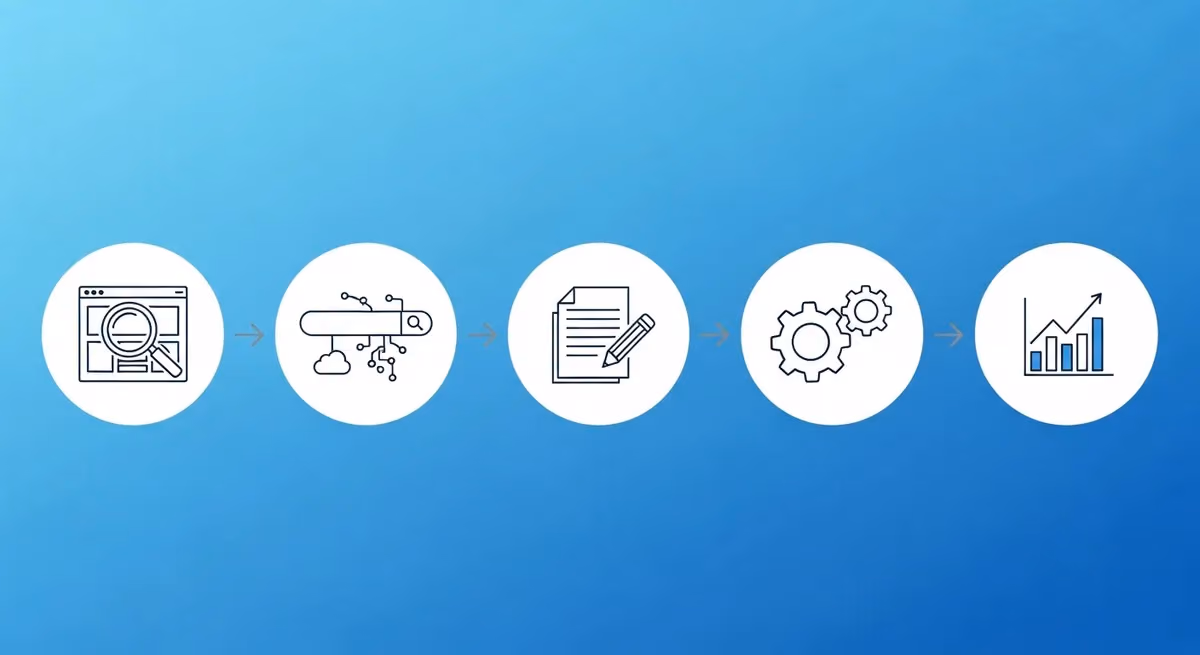 Five-step AI SEO workflow showing website audit, keyword research, content creation, technical SEO, and rank tracking