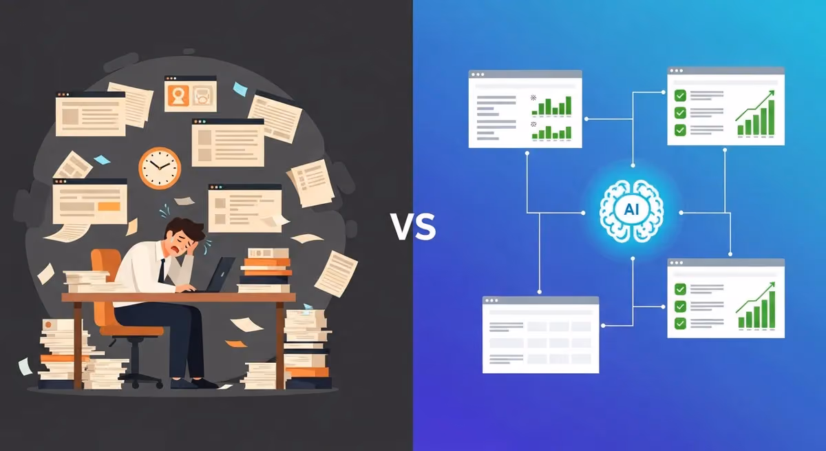 Comparison of traditional manual SEO with overwhelmed marketer versus AI-powered autonomous SEO with organized dashboards
